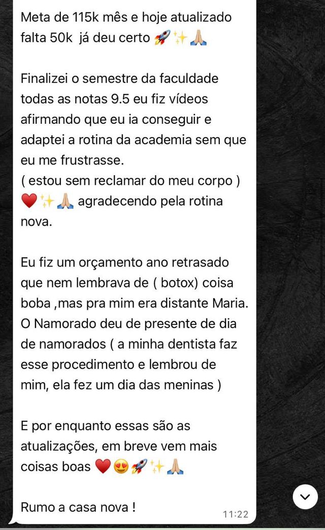 Conversa de aluna com meta de R$115 mil no mês e rotina reorganizada